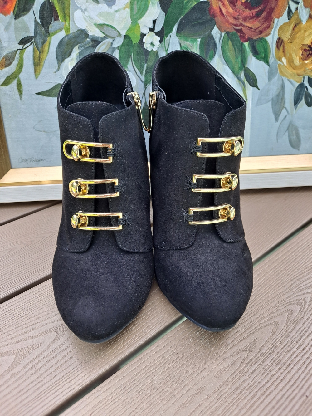 Eva & Zoe Valerie Black Suede Ankle Stiletto Booties w/Gold Buckle Turn Locks